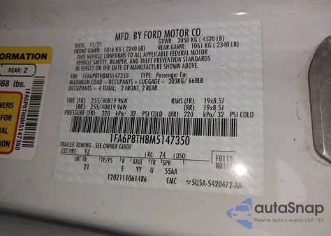 2021 Ford Mustang Ecoboost Fastback из США, поврежденный, VIN 1FA6P8TH8M5147350